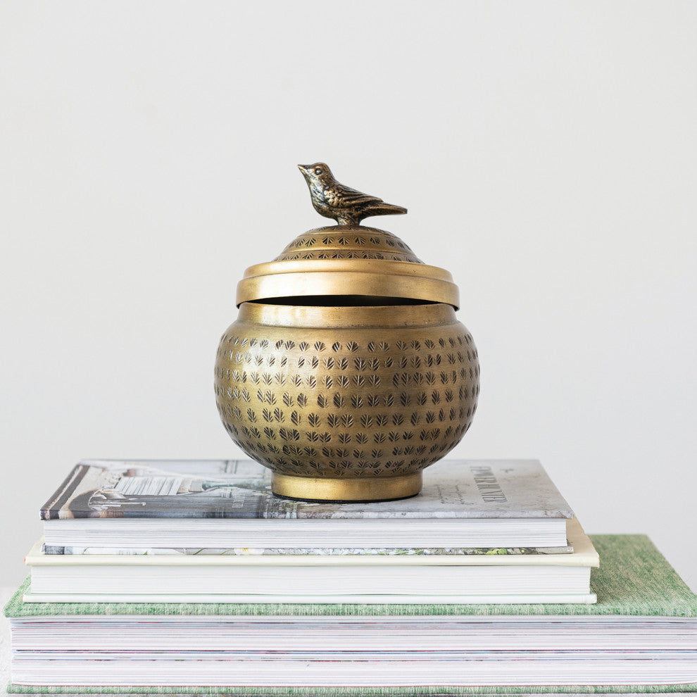 Hammered Aluminum Sphere Container with Lid and Bird, Antique Brass Finish