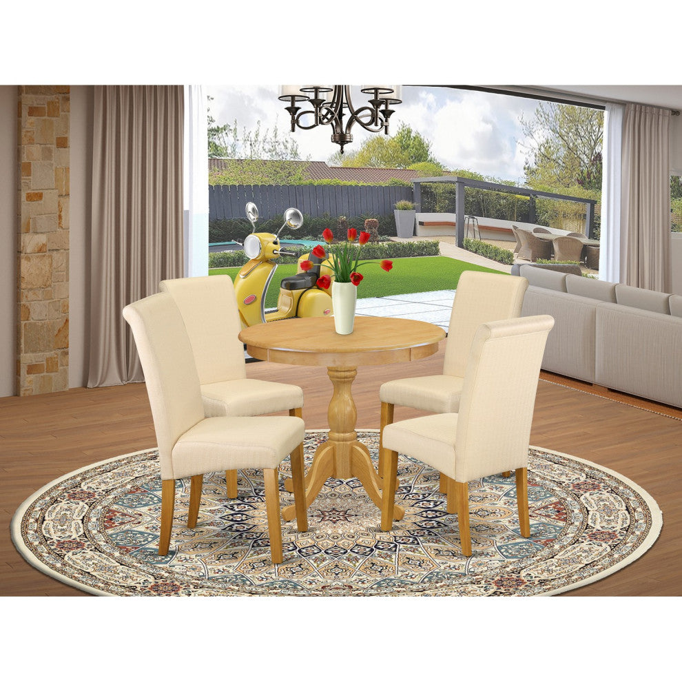 5 Pc Kitchen Set, Oak Round Table, 4 Light Beige Upholstered Chairs, Oak Finish