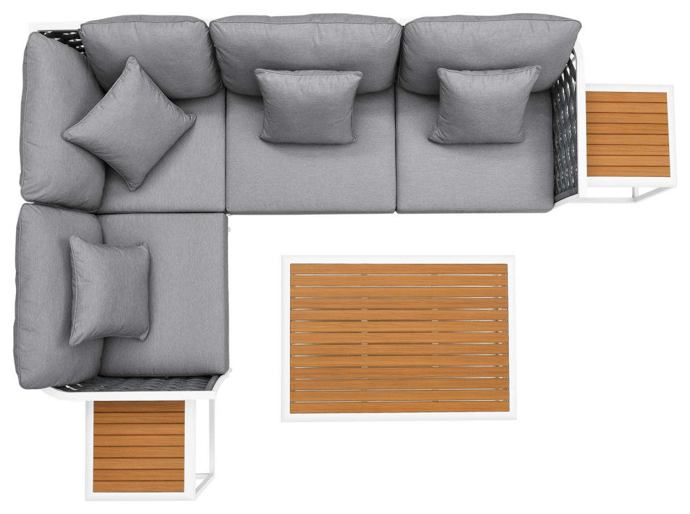 Sectional Sofa Table Set, White Gray, Aluminum, Modern, Outdoor Patio