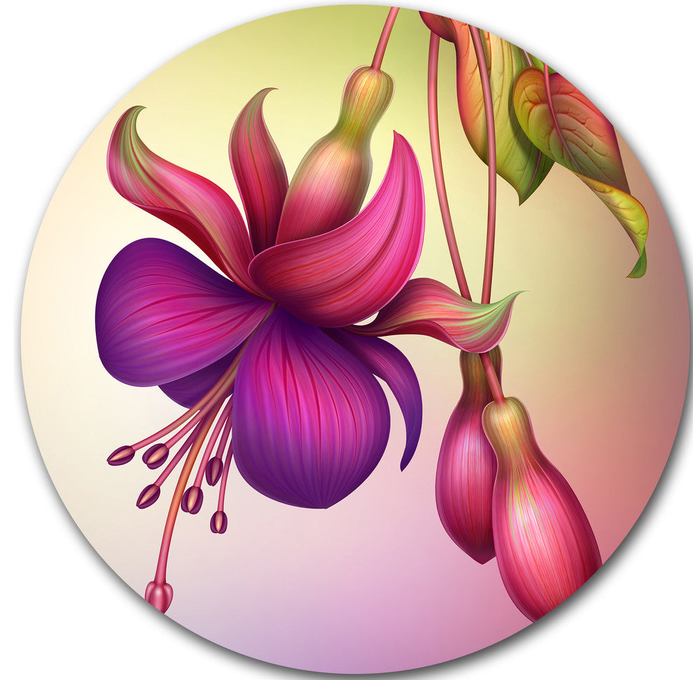 Fuchsia Flowers With Green Leaves, Floral Round Wall Art, 36"