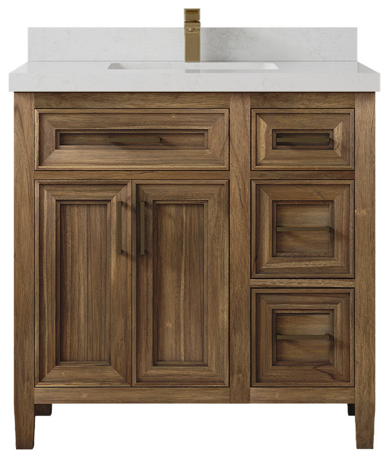 Santa Monica 36 Center Sink Bath Vanity in Graywashed Teak 2" Carrara Quartz