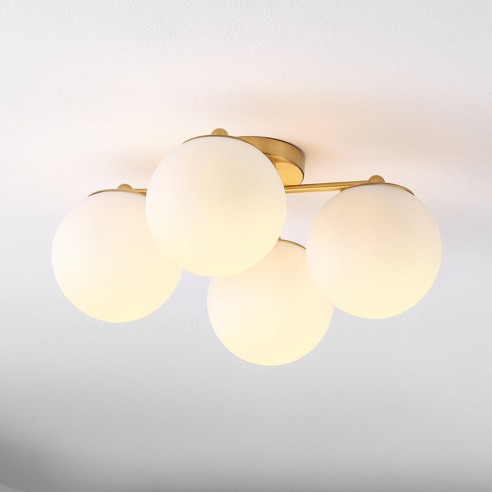 Orly 18" 4-Light Bohemian Farmhouse LED Semi Flush Mount, Brass Gold/White