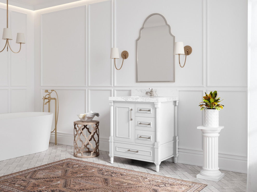 Aberdeen 30 Single Sink Bath Vanity in White 2" Calacatta Nuvo