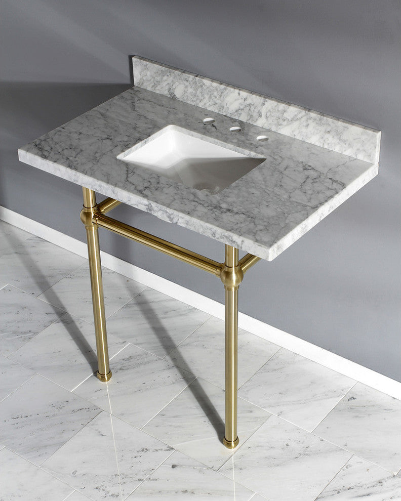 36X22 Marble Vanity Top w/Brass Console Legs, Carrara Marble/Brushed Brass