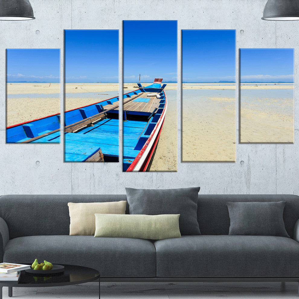 Long Tail Boat Stand at the Beach, Seashore Canvas Art Print, 60"x32", 5 Panels