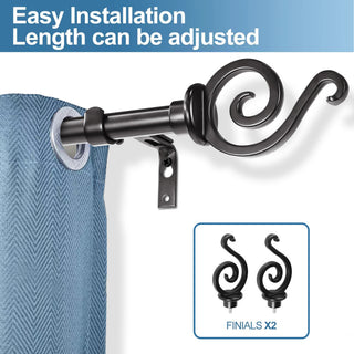 Classic Forged Iron French Scroll Curtain Rod, Black, 48"-84"