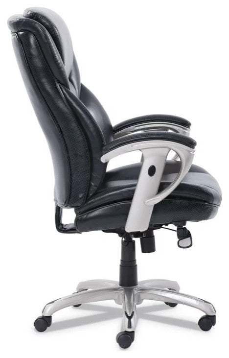 Modern Office Chair, Silver Base With Bonded Leather Seat & Padded Arms, Black