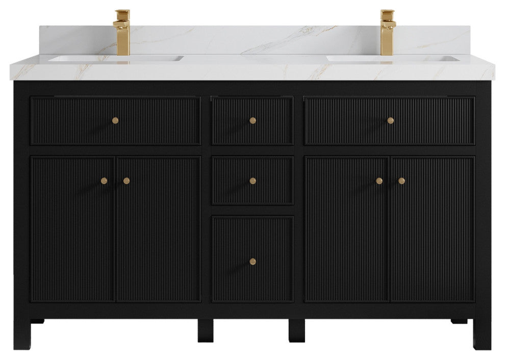 Sonoma 60" Double Sink Bath Vanity in Black, 2" Calacatta Sienna