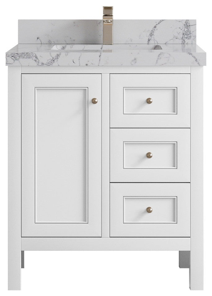 Nashville 30" Single Sink Bath Vanity, White 2" Venatino Quartz