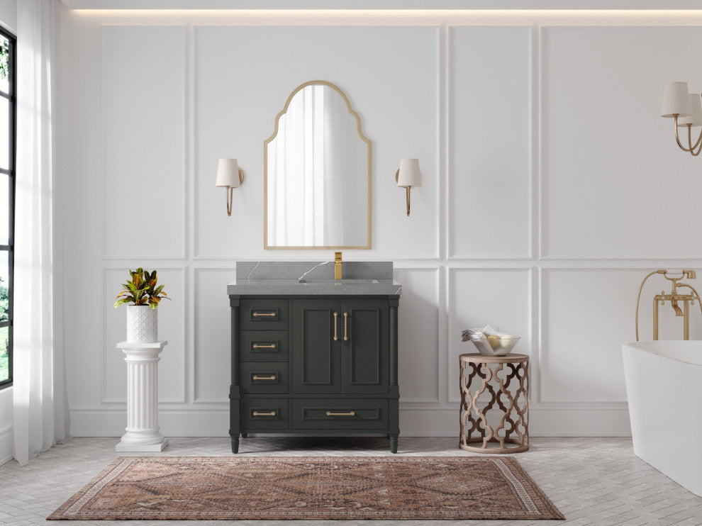 Aberdeen 36 Right Offset Bath Vanity in Black Top 2" Piatra Gray