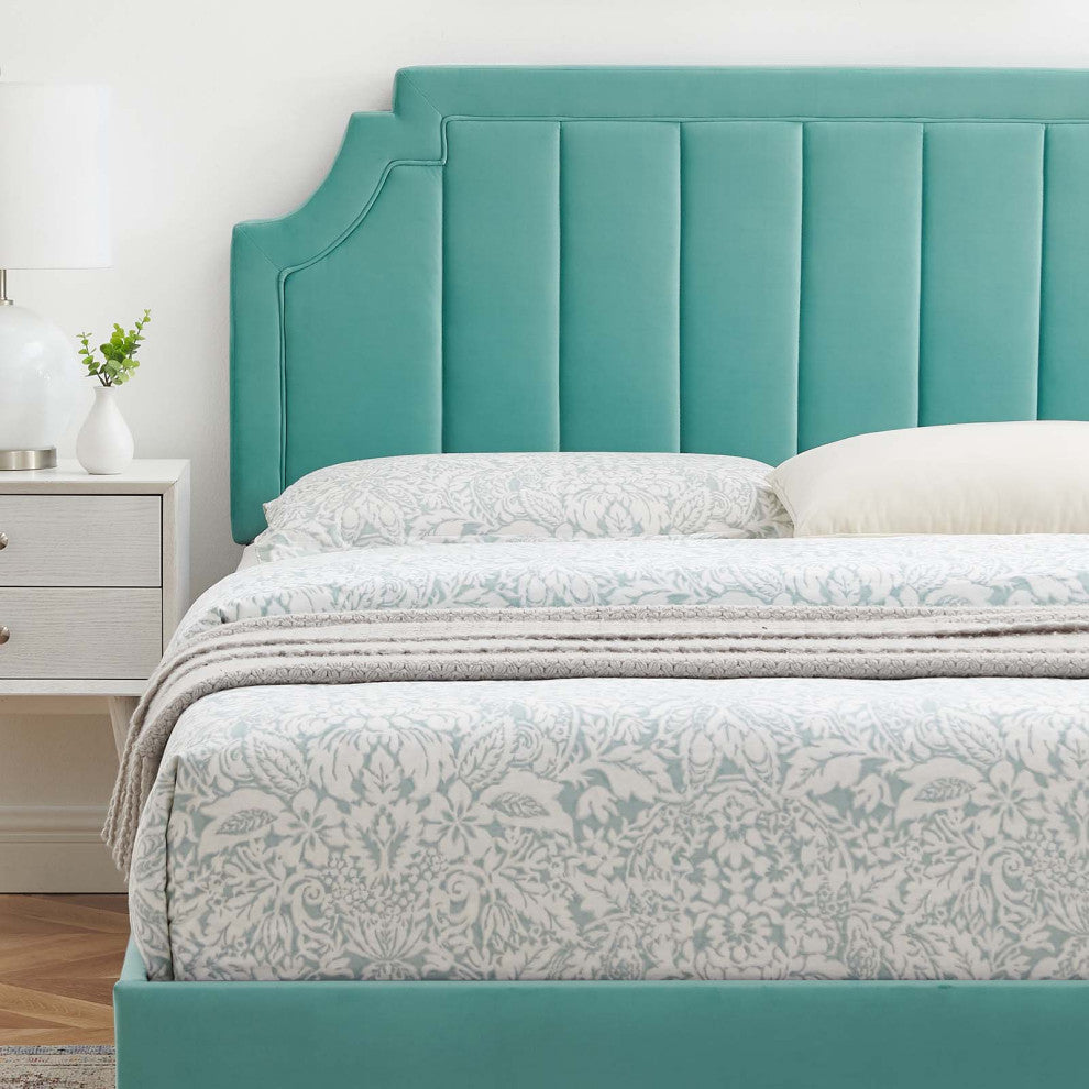 Platform Bed Frame, King Size, Velvet, Blue, Modern Contemporary, Bedroom Master