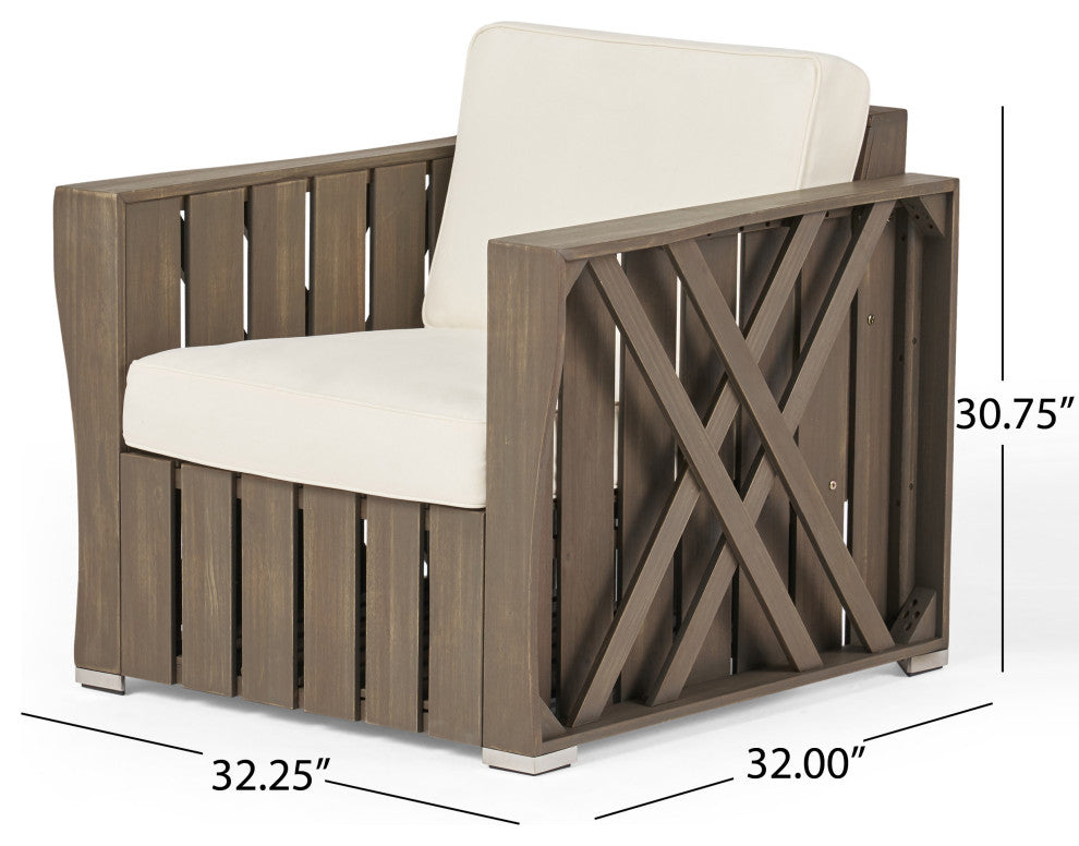 GDF Studio Edward Outdoor Acacia Wood Club Chairs With Cushions, Set of 2, Gray/Cream