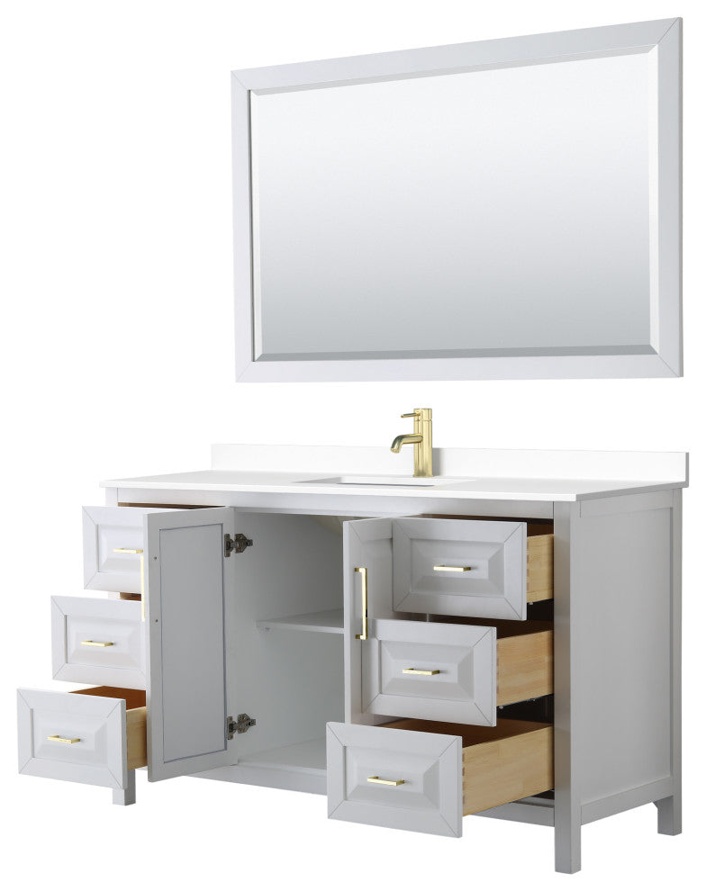 60" Single Vanity White, White Cult. Marble Counter, Sink, 58" Mirror, Gold Trim