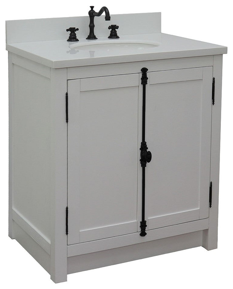 30" Single Vanity, Glacier Ash, White Engineered Stone Top, Oval Sink