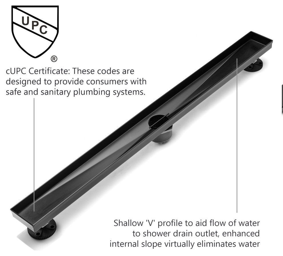 HEATGENE Linear Shower Drain Stainless Steel Rectangle Shower Drain, Matt Black,