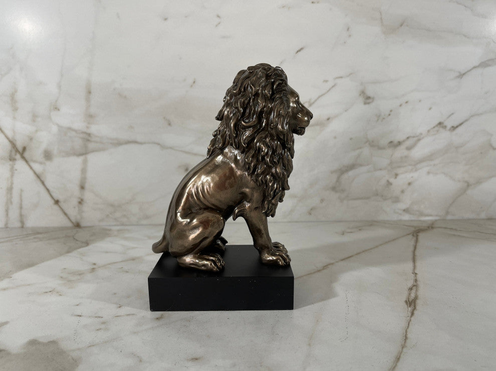 Sitting Bronze Lion Statue on Black Base By Veronese Design