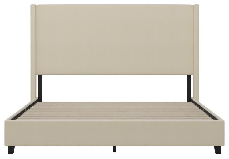 Quinn Upholstered Platform Bed with Channel Stitched Wingback Headboard, Beige, King