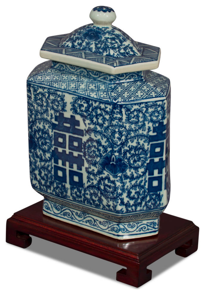 Blue and White Porcelain Tea Jar Double Happiness Motif