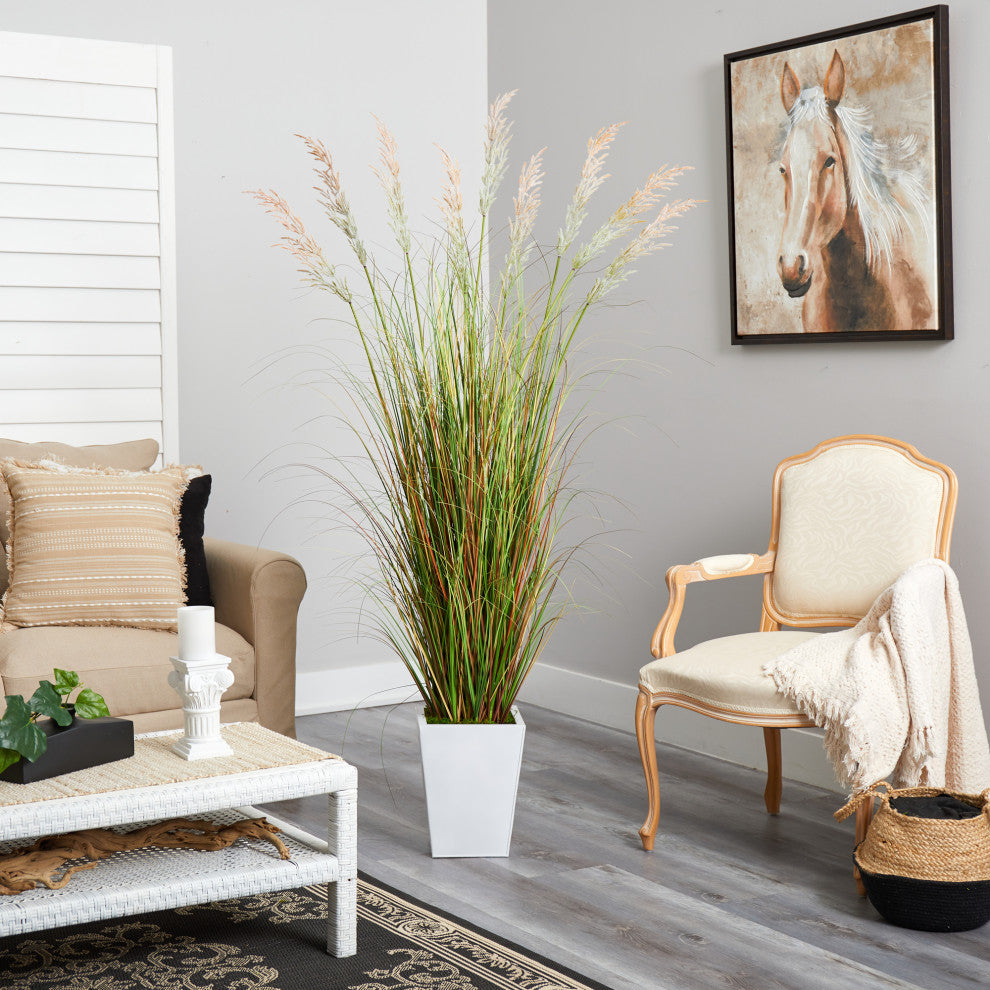 74" Grass Artificial Plant, White Metal Planter