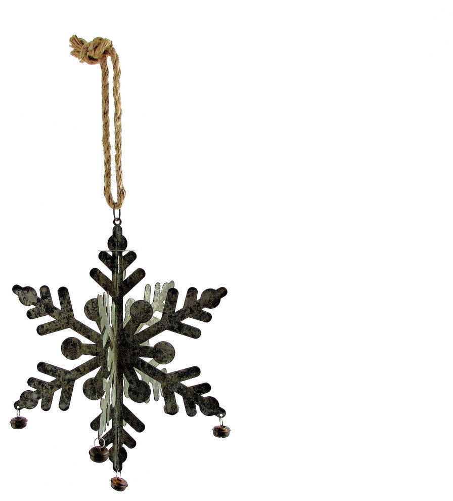 Hanging Galvanized Folding Snowflakes With Bells, Set of 6