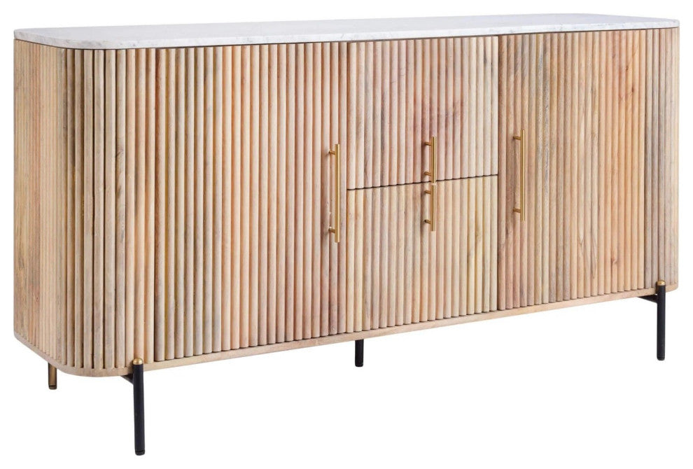 Tulum White Marble Top Buffet, Mango Wood Dining Cabinet, Oval Sideboard Table