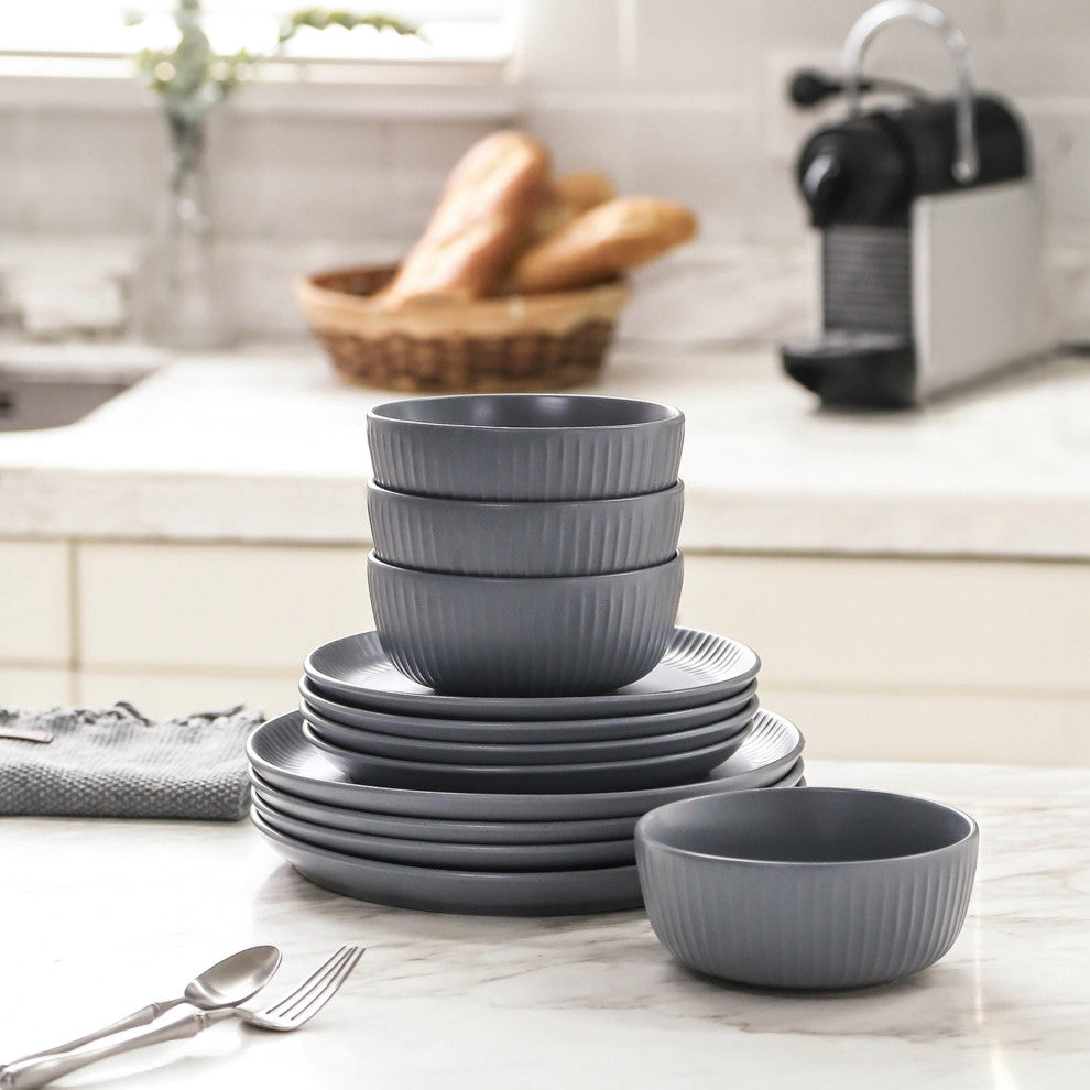 Stone Lain Logan Stoneware 12 Piece Dinnerware Set, Grey