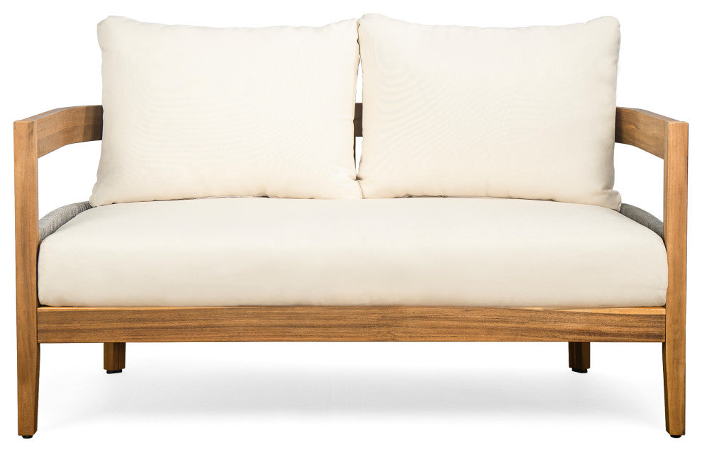 GDF Studio 4-Piece Outdoor Acacia Wood Chat Set With Cushions, Rattan Accents
