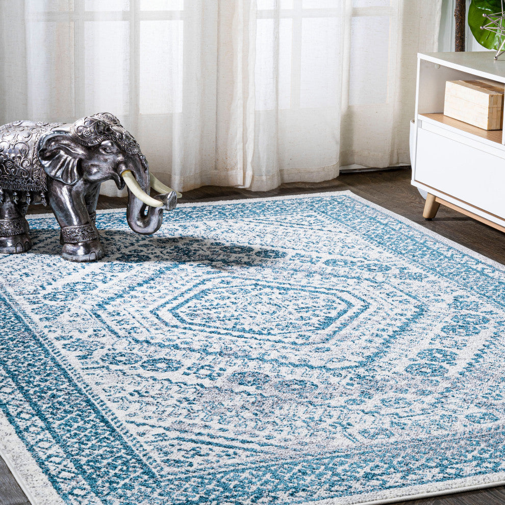 Boho Cottage Medallion Runner Rug, Blue/White, 5'x8'