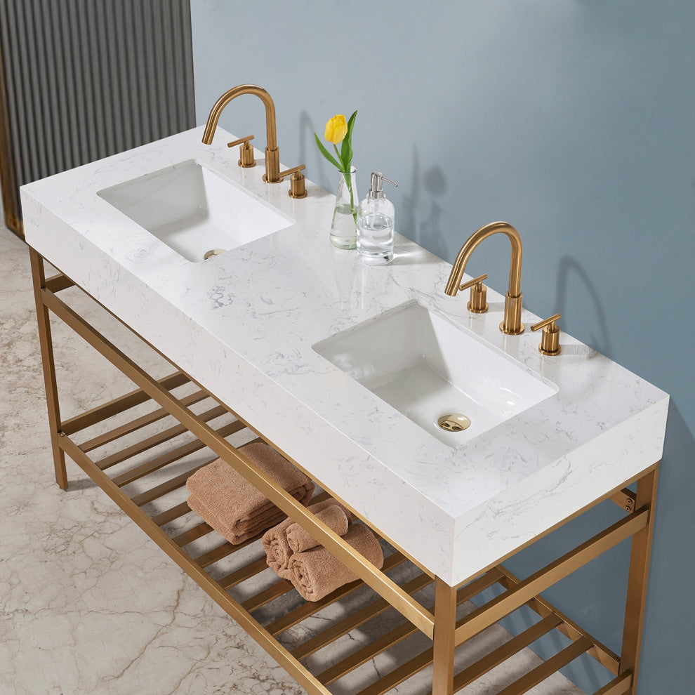 Merano Stainless Steel Vanity Console With Aosta White Stone Countertop, Brushed Gold, 60", No Mirror