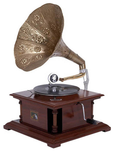 Urban Designs Antique Replica Dark Wood Phonograph Gramophone With Brass Horn