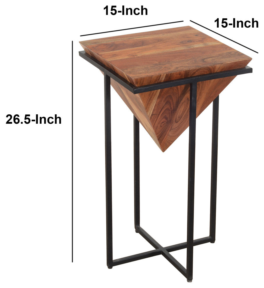 Pyramid Shape Wooden Side Table With Cross Iron Base, Brown and Black, 26 Inch