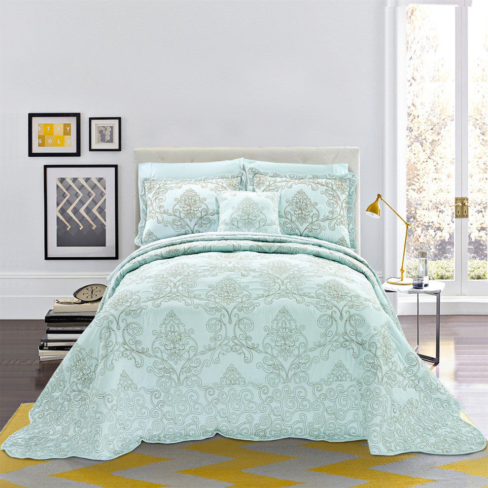 Damask Embroidered Quilted 4 Piece Bed Spread Sets, Light Blue, King