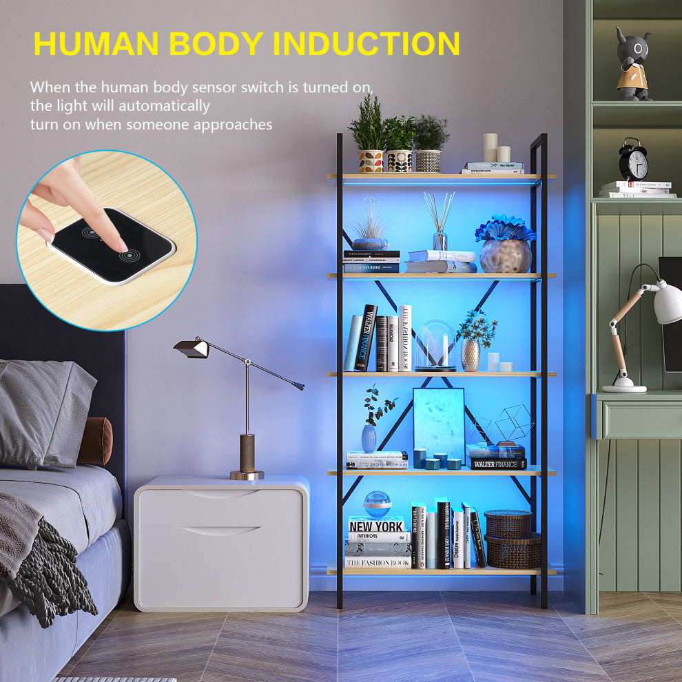 Multifunctional Smart Industrial 5-Shelf Bookcase W/ Tricolor Dimming LED Light,