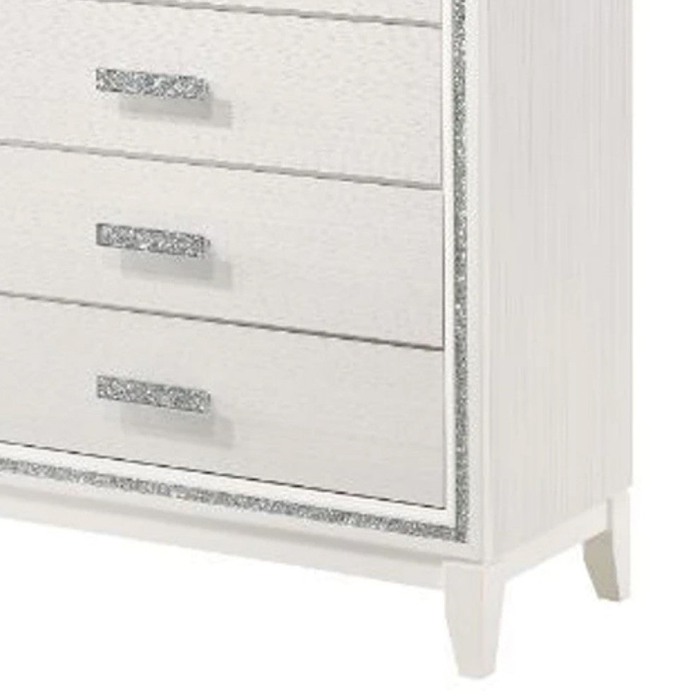 Benzara BM269073 Chest With 5 Drawers and Shimmer Accent Trim, White