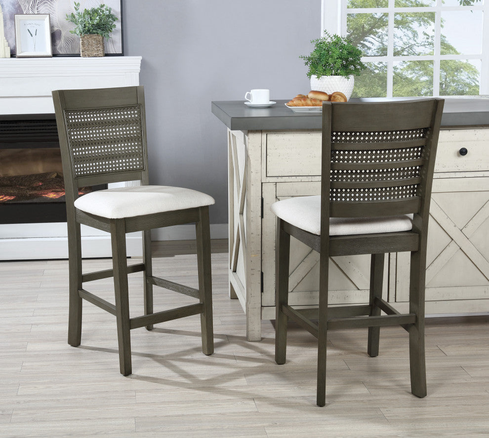 Walden 24" Cane Back Counter Stool With Antique Gray Base and Linen Fabric Seat