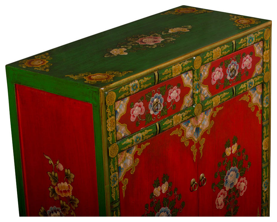 Hand Painted Red and Green Peony Motif Tibetan Chest
