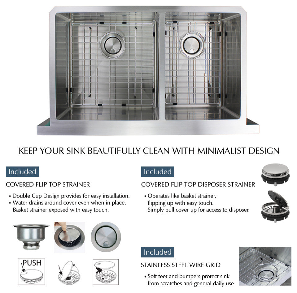 Transolid Diamond 36"x20" Double Bowl Farmhouse Kitchen Sink, Stainless