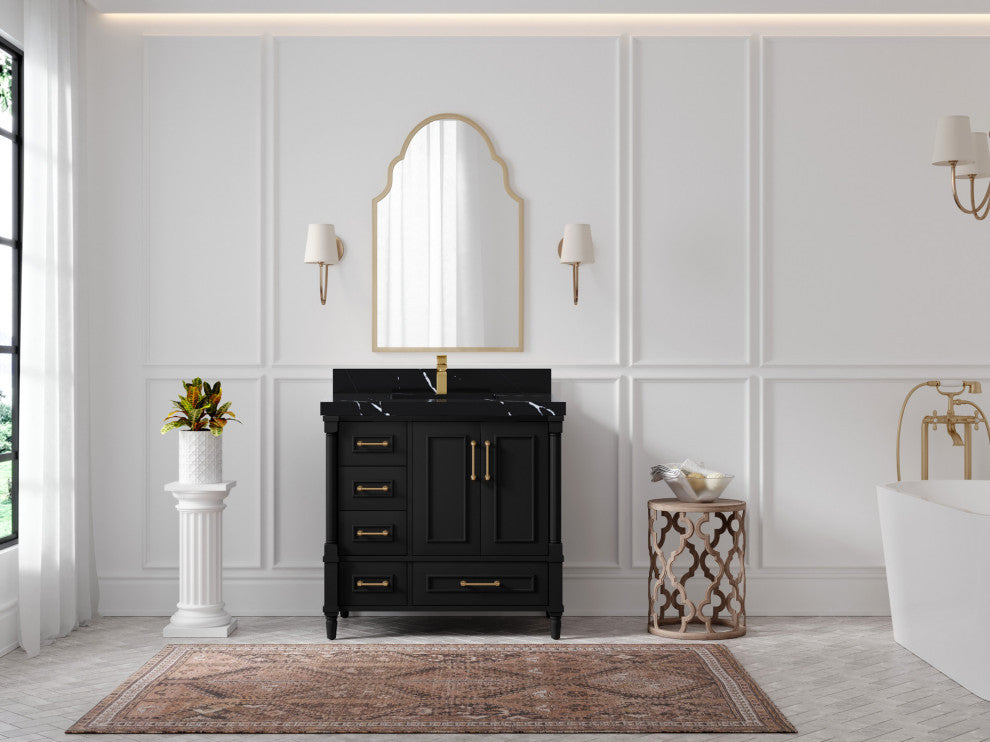 Aberdeen 36 Center Sink Bath Vanity In Black 2" Calacatta Black