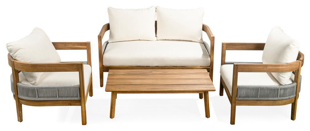 GDF Studio 4-Piece Outdoor Acacia Wood Chat Set With Cushions, Rattan Accents
