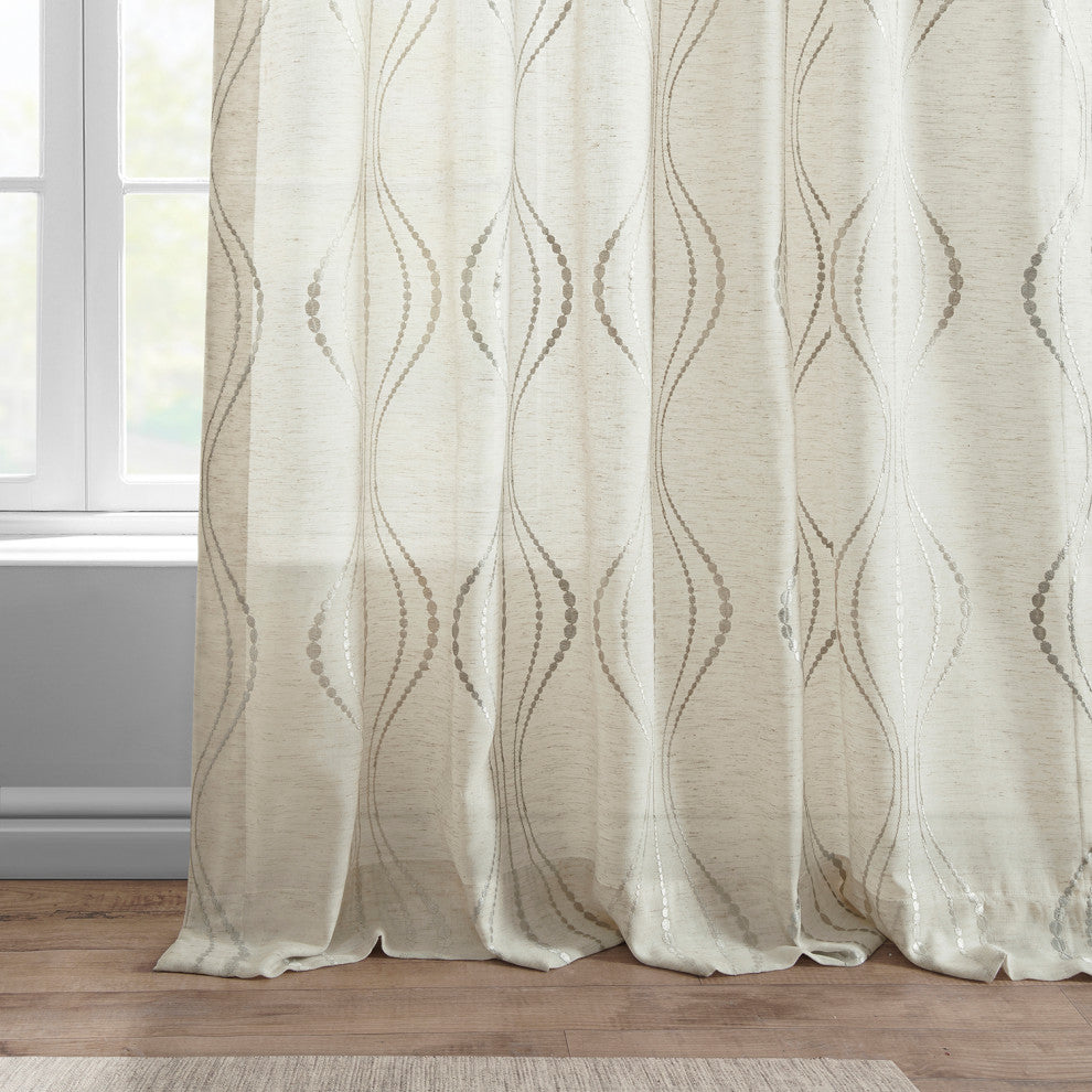Suez Natural Embroidered FauxLinen Sheer Curtain Single Panel, 50"x96"