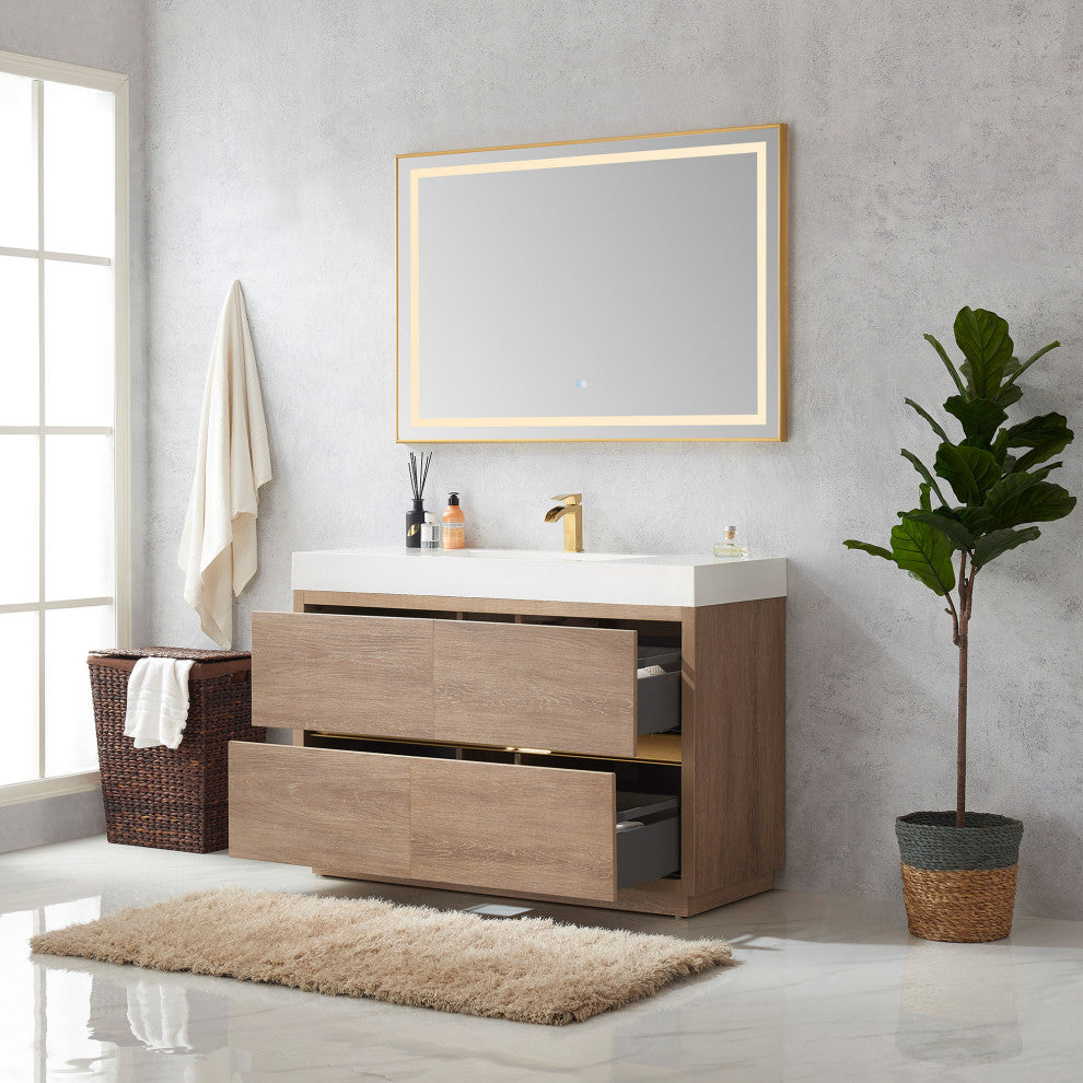 Huesca Bath Vanity, Integrated Sink Top, North American Oak, 48", With Mirror