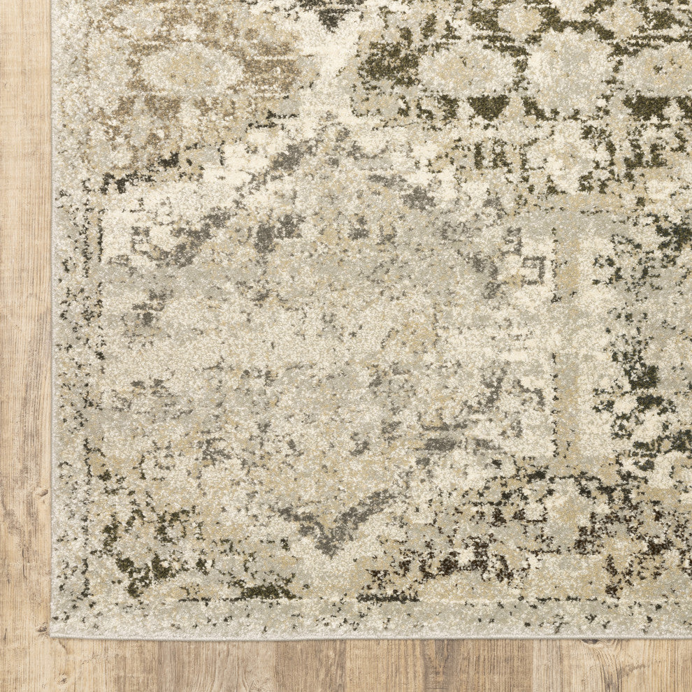 Fleming Distressed Floral Panel Ivory and Grey Area Rug, 6'7"x9'6"