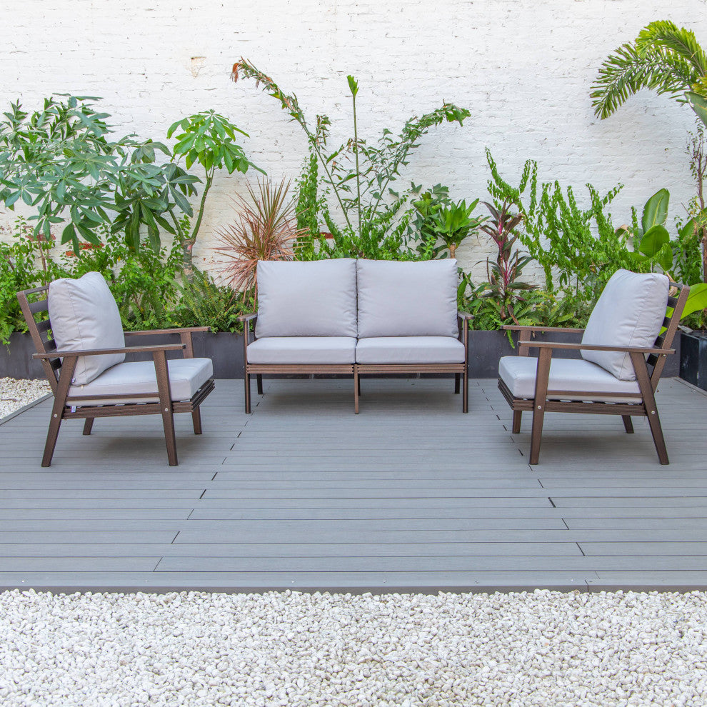 LeisureMod Walbrooke 3-Piece Patio Set With Brown Aluminum Frame and Cushions, Light Grey
