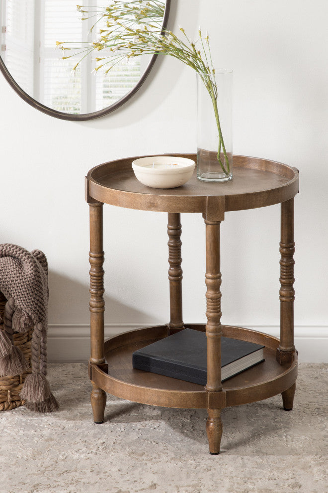 Bellport Round Wood Side Table with Shelf, Rustic Brown