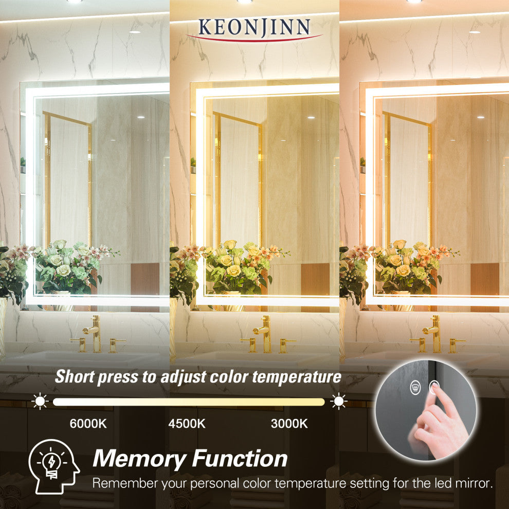 3-Colors LED Bathroom Mirror, Anti-Fog Memory Dimmable, Sliver, 72"x36"