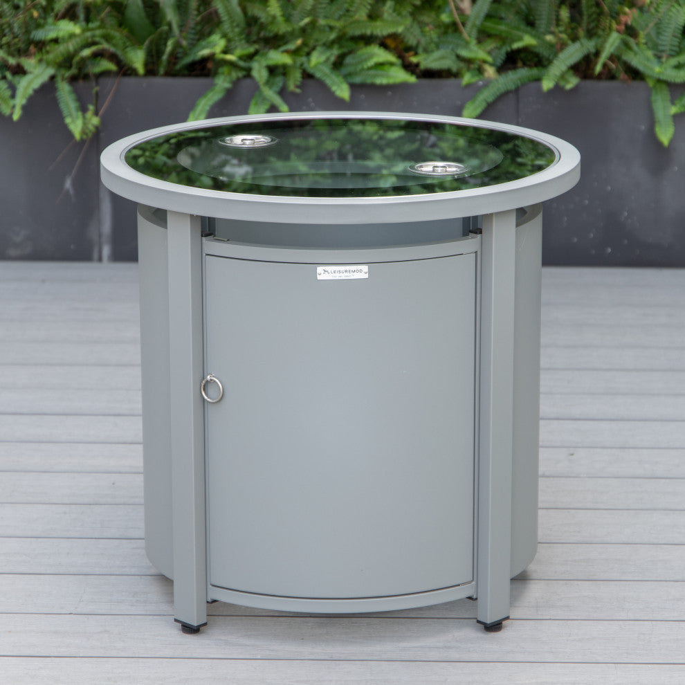 LeisureMod Walbrooke Grey Patio Sofa Set With Round Fire Pit Table, Grey