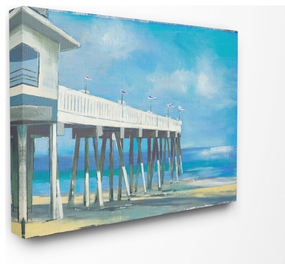 Beach Boardwalk Ocean Blue Landscape Painting, 30"x40", Canvas Art