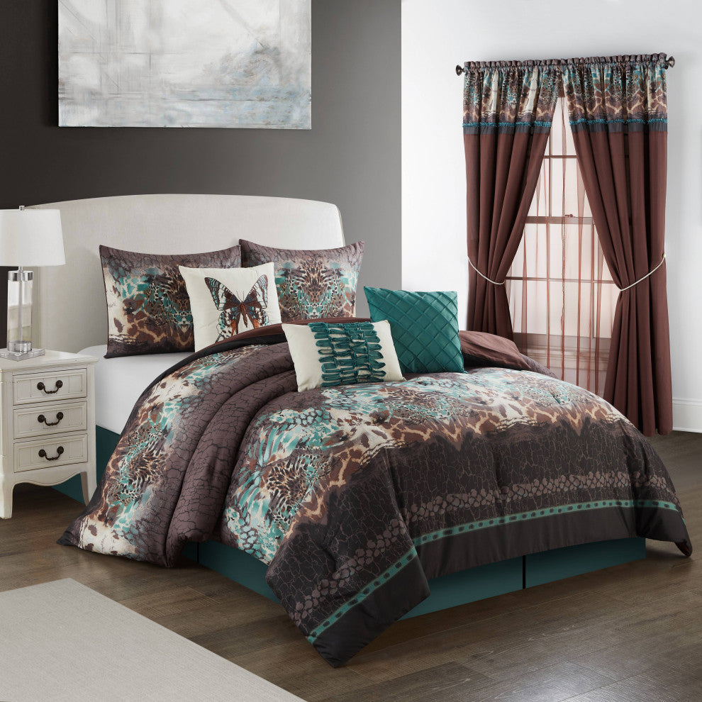 Butterfly 7-Piece Comforter Set, Brown, Queen