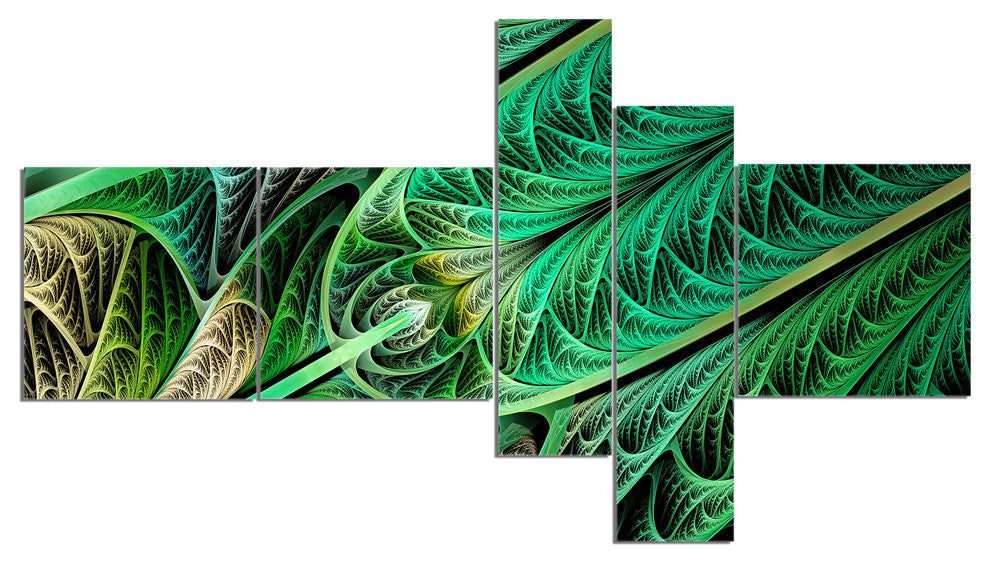 Green on Black Fractal Stained Glass, Abstract Wall Canvas, 60"x32", 5 panels