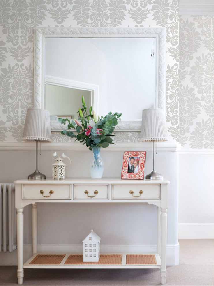 Classic Damask Peel and Stick Vinyl Wallpaper, Gray, 24"w X 60"h